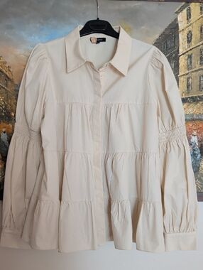 En Saison Cream Tiered Button-Front Blouse With Puffed Sleeves